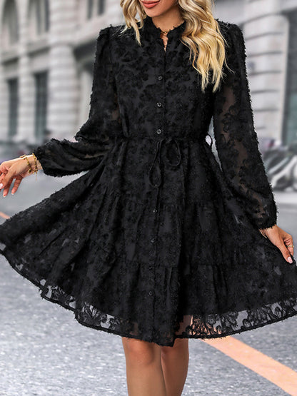A-line Long Sleeves Buttoned Elasticity Jacquard Pleated Color Tied Waist Stand Collar Mini Dresses
