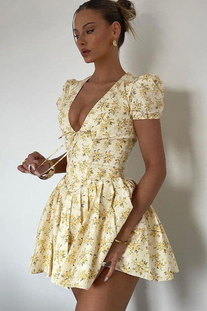 V Neck Ruched Mini Dress