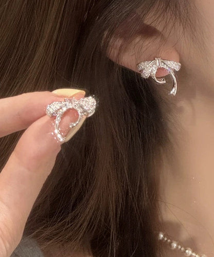 Fine Silk Sterling Silver Zircon Bow Stud Earrings