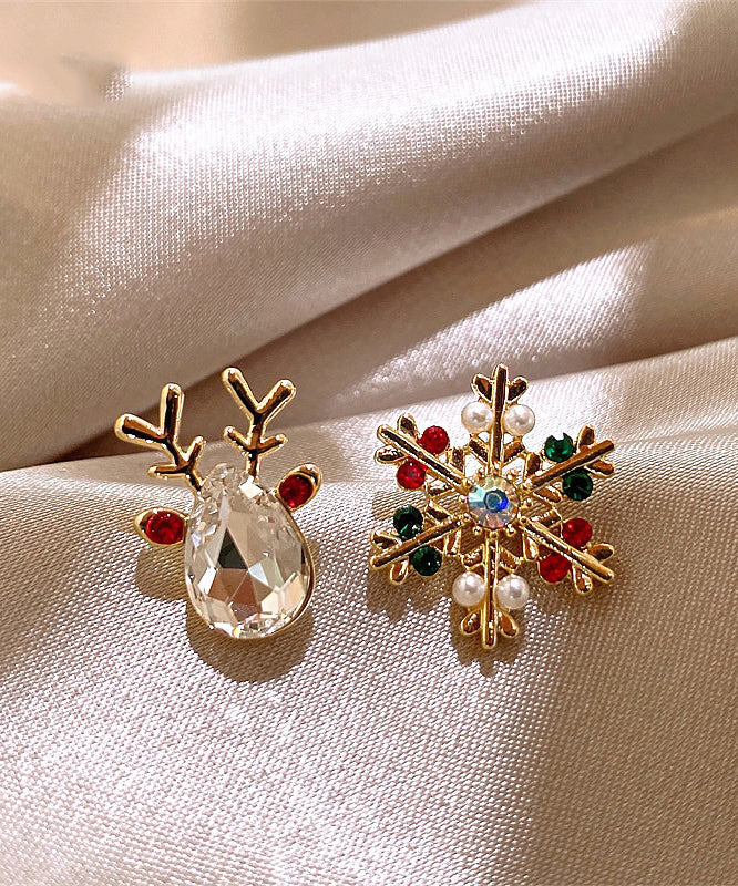 Multicolor Sterling Silver Overgild Asymmetric Crystal Snowflake Pronghorn Stud Earrings