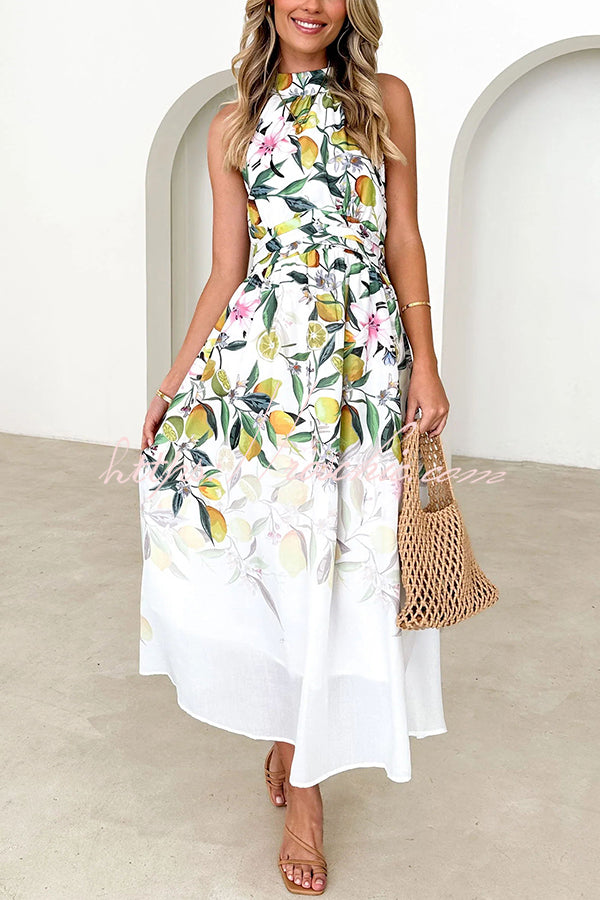 Print Halterneck Tie Zip Smocked Maxi Dress