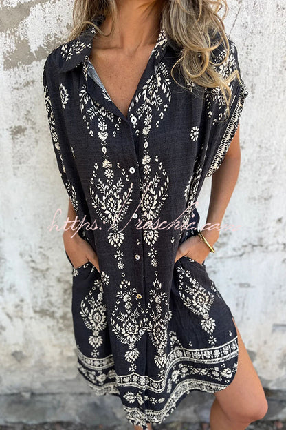 Linen Blend Unique Print Lapel Pocket Mini Dress