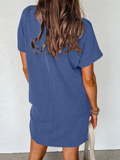 A-line Loose Contrast Color Pockets Split-joint Striped Round-neck Mini Dresses