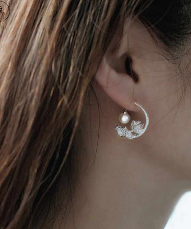 Silk Sterling Silver Pearl Lotus Hoop Earrings