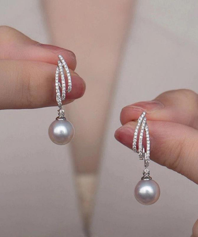 Modern White Sterling Silver Zircon Pearl Drop Earrings