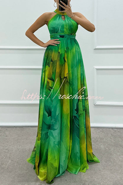 Elaine Tulle Splash Print Cutout Halter Tie-up Neck Gown Maxi Dress
