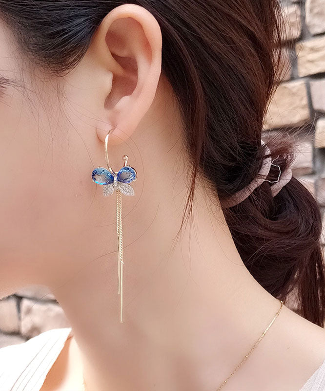 Blue Alloy Zircon Butterfly Tassel Drop Earrings