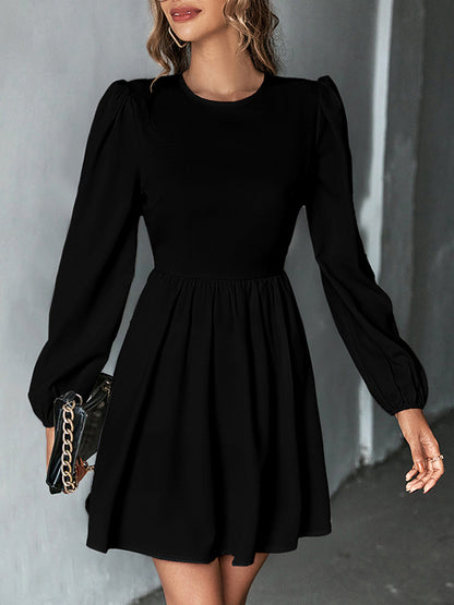 A-line Bishop Sleeve Backless Elasticity Hollow Pleated Color Tied Round-neck Mini Dresses