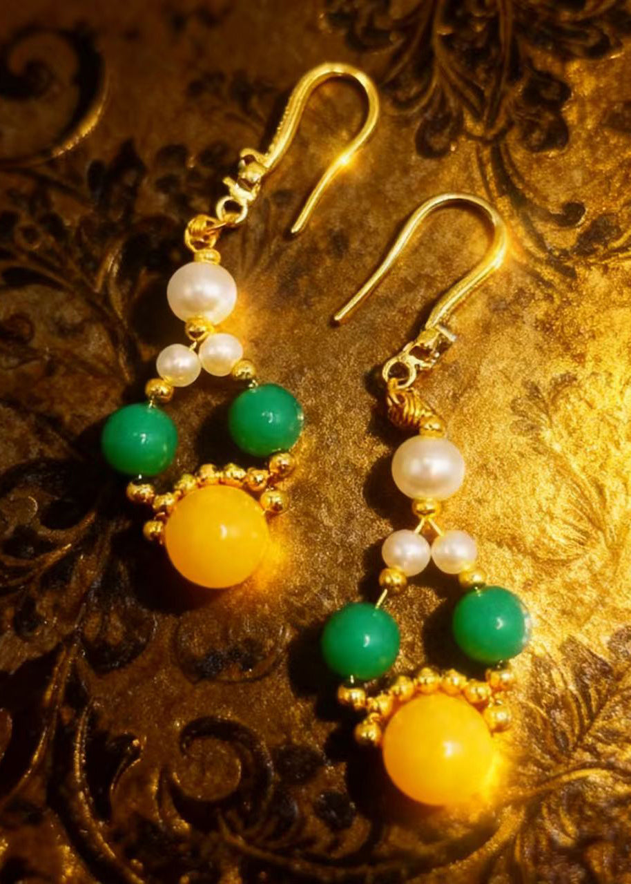 Fine Yellow Amber Chinese Style Drop Earrings