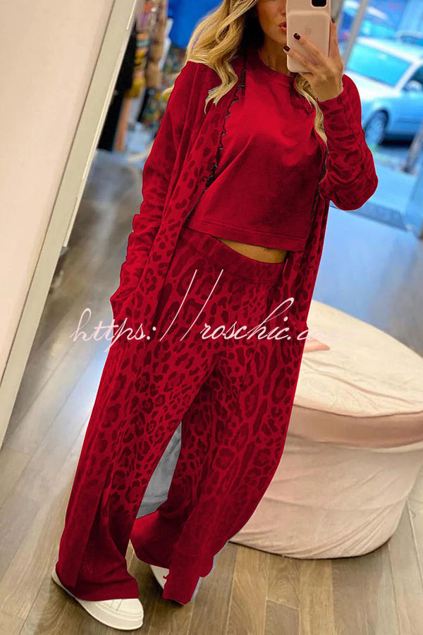 Comfort First Leopard Print Pocket Long Sleeve Cardigan Elastic Waist Pants Set
