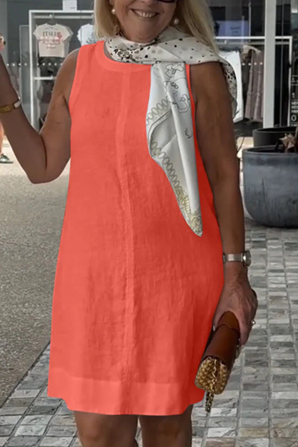 Linen Blend Color Crew Neck Sleeveless Mini Dress