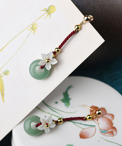 Green Shell Flower Jade 14k Gold Drop Earrings