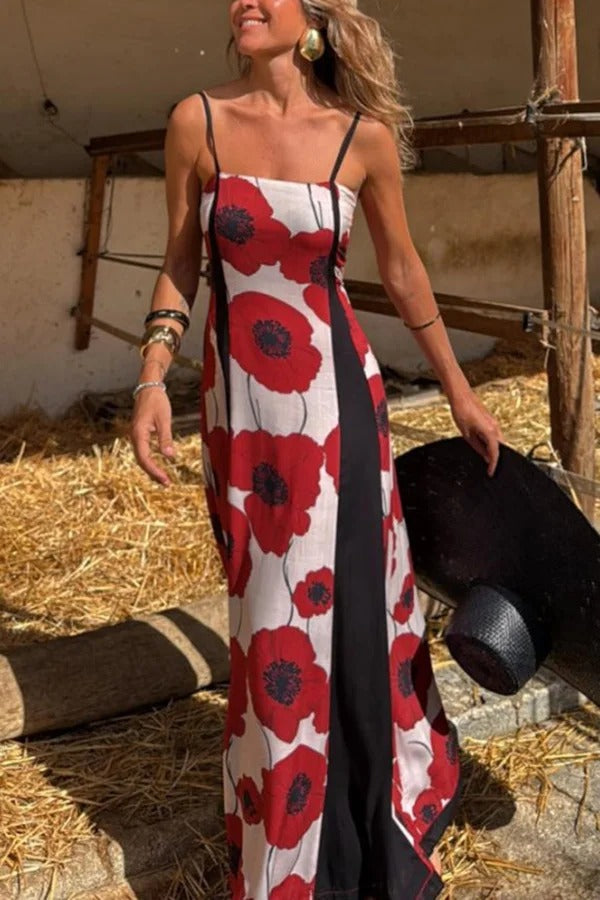 Print Suspenders Paneled Back Pleated Maxi Dress