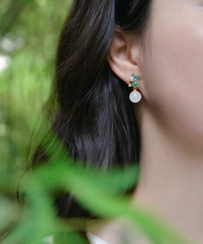 Chinese Style Blue Ancient Gold Jade Pearl Drop Earrings