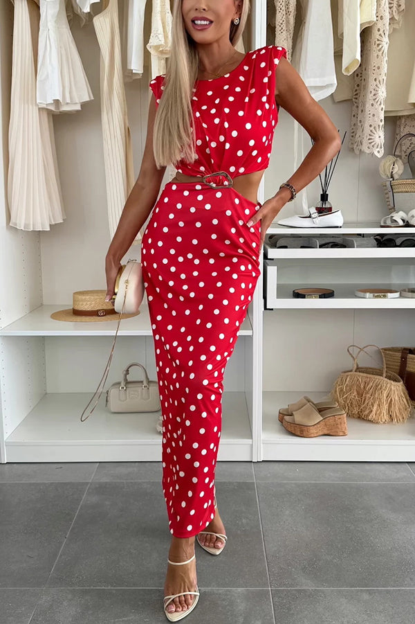 Roxane Polka Dot Print Shoulder Pad Metal Cutout Waist Slit Stretch Maxi Dress