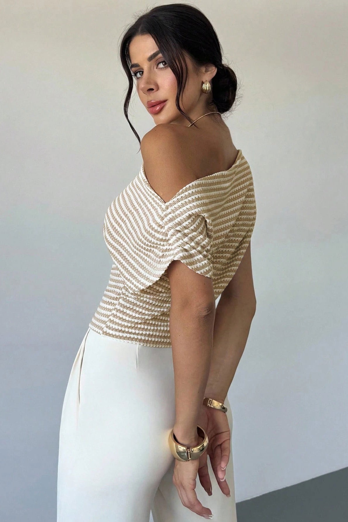 Cold Shoulder Stripe Short Sleeve Knit Blouse
