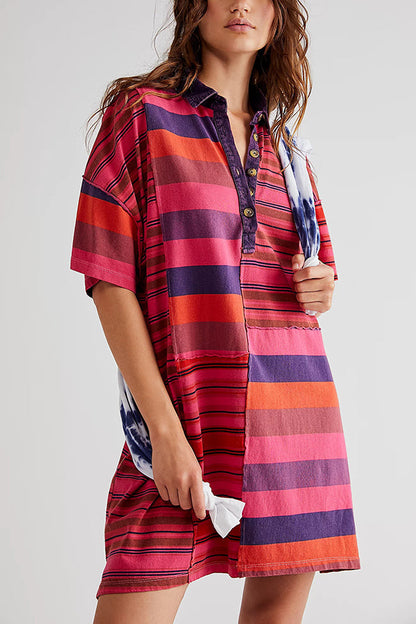 Contrast Striped Patchwork Denim Lapel Loose Mini Dress