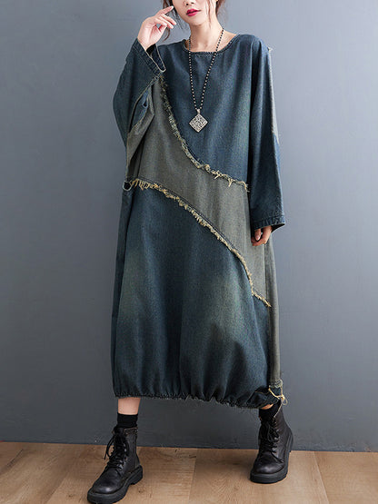 Original Loose Denim Contrast Color Round-neck Long Sleeves Midi Dress