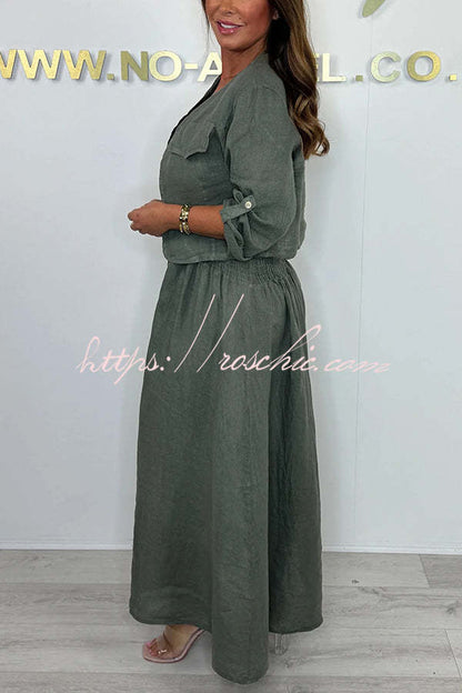 Color Short Jacket and Suspender Pleated Maxi Dress Set