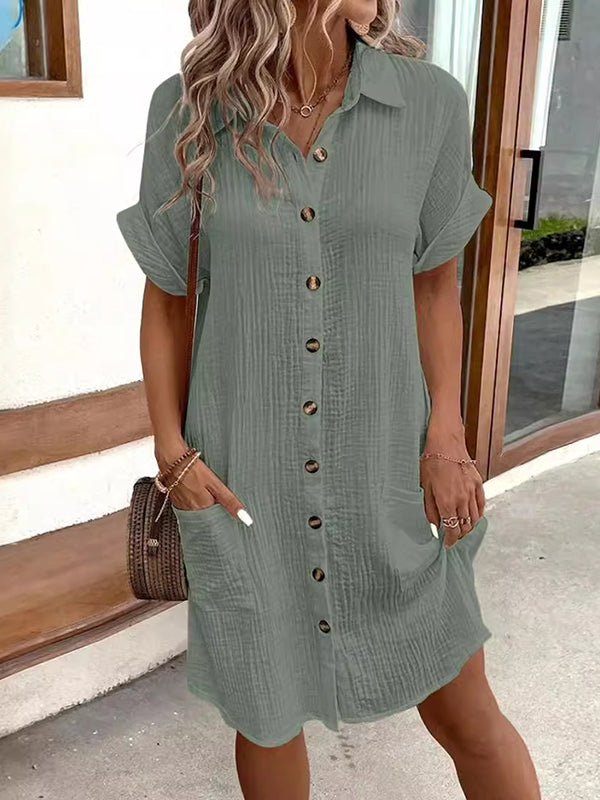 Loose Short Sleeves Pleated Split-joint Lapel Mini Dresses Shirt Dress