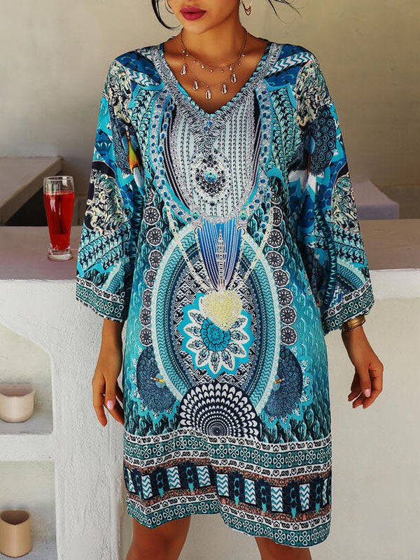 A-line Flared Sleeves Printed Split-joint V-neck Mini Dresses