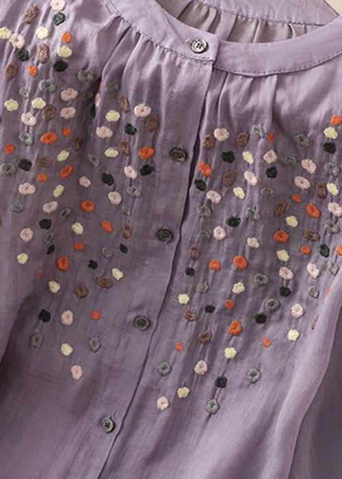 Grace Purple O Neck Embroideried Side Open Linen Blouse Spring Qb032