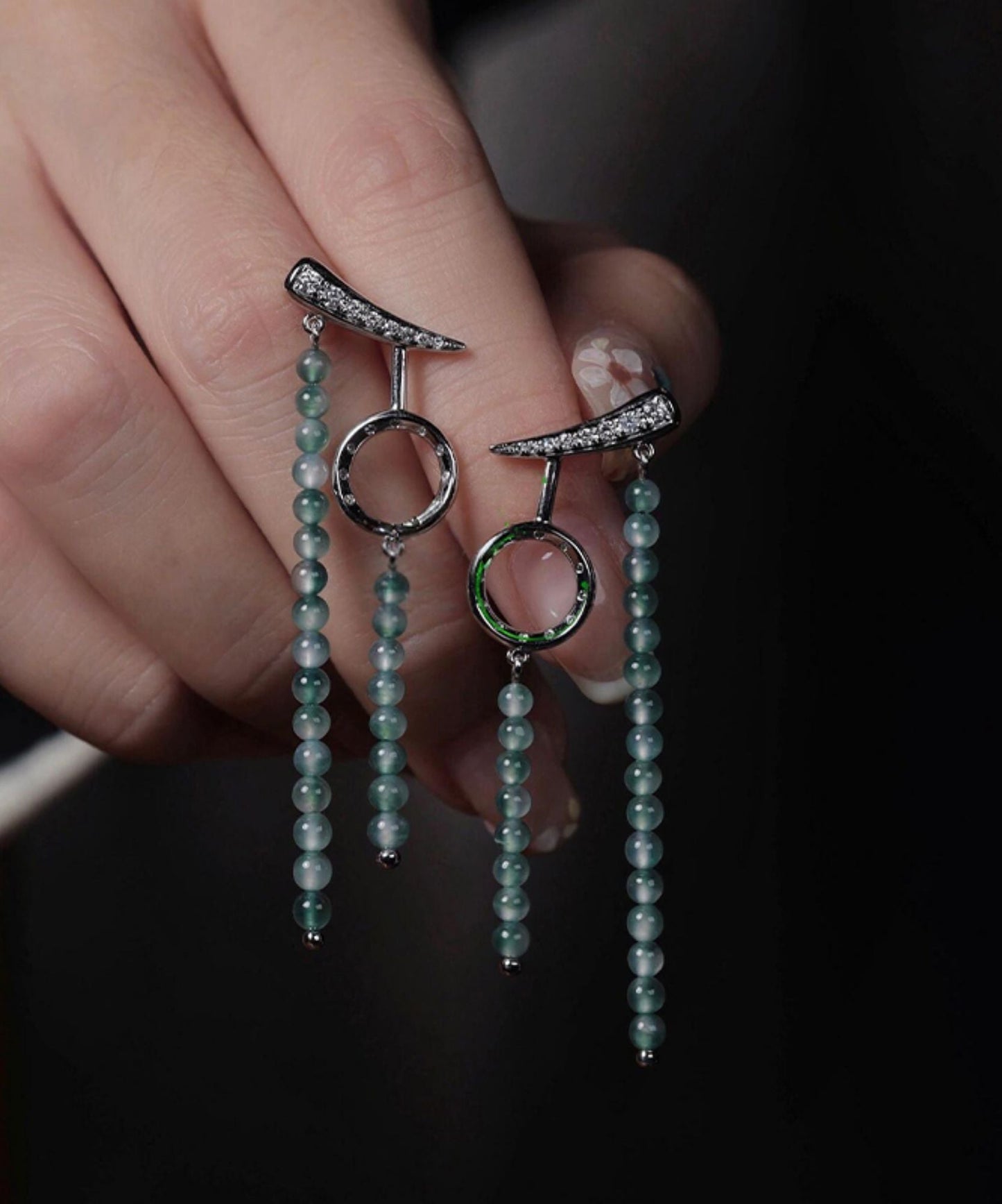 Retro Green Stainless Steel Asymmetrical Beading Drop Earrings