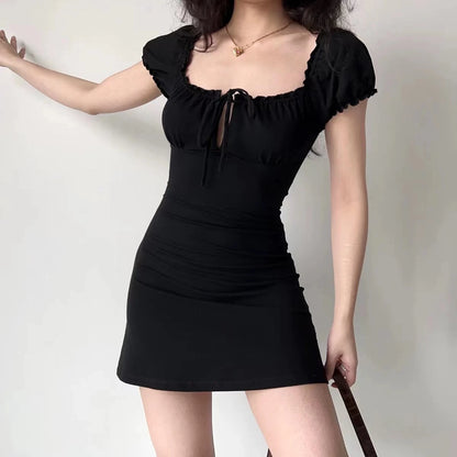 Summer Mini Dress Short Sleeved Lace Up Hollow Backless Folds Bodycon Black Dress Party A-line Dresses