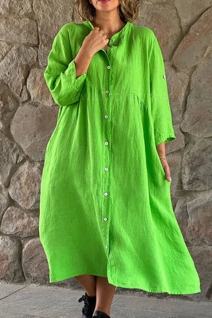 Cotton Linen Color Stand Collar Button Long Dress