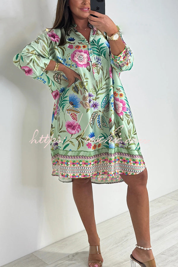 Print Long Sleeve Lapel Loose Mini Dress