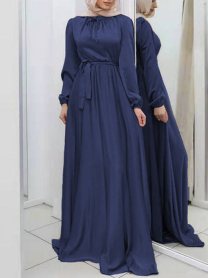 Long Sleeves Loose Pleated Color Tied Waist Maxi Dresses