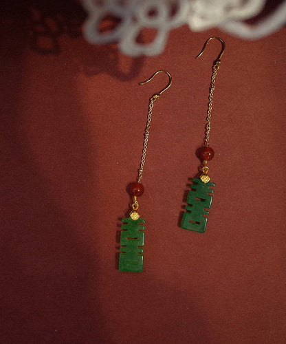 Dry Green Agate Sterling Silver Tassel Drop Earrings