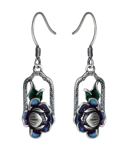 Art Blue Lotus Patchwork Silver Drop Earrings