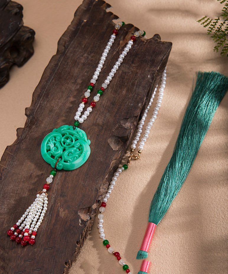 Green Alloy Jade Pearl Beading Tassel Pendant Necklace
