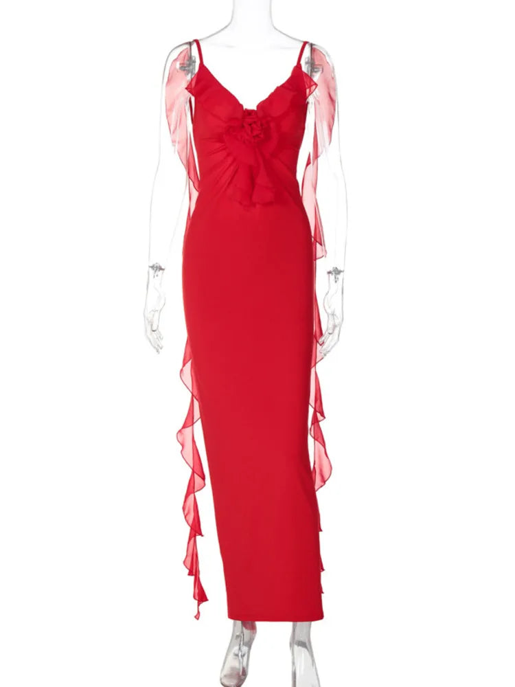 Spaghetti Strap Lace Streamer Maxi Dress for V Neck Sleeveless Backless Bodycon Club Party Long Dress