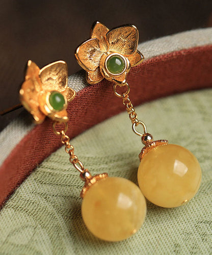 Diy Yellow Sterling Silver Beeswax Amber Jade Drop Earrings