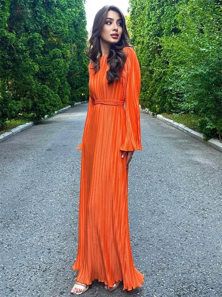 Ruffled Lace Up Maxi Dresses for Ribbed High Waist Long Dress ’s Bandage Femme Dress Autumn