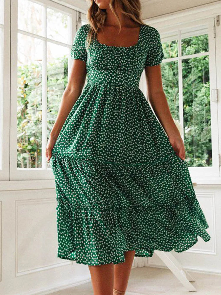 Vestidos Print Puff Sleeve Summer Beach Sweet Dresses Square Collar Maxi Long Dress Festa
