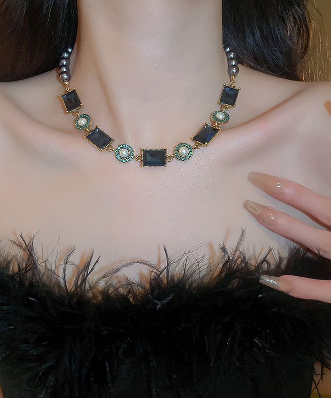 Colorblock Alloy Pearl Zircon Collar Necklace