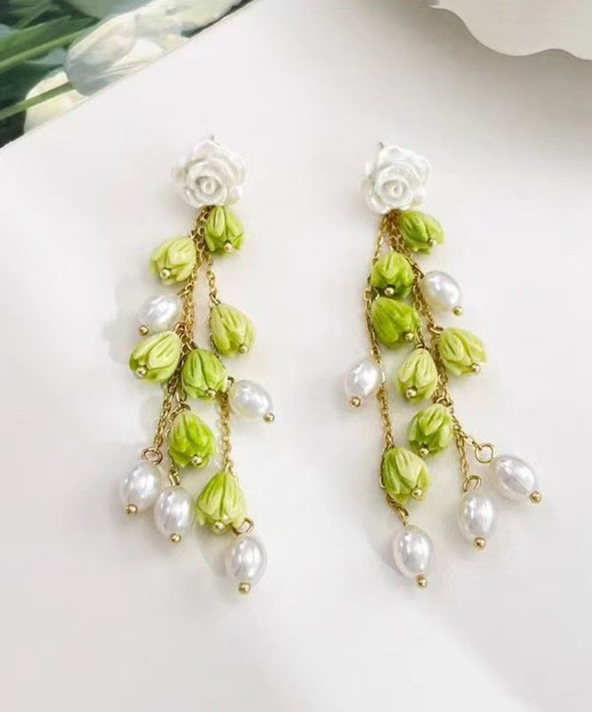 Green Sterling Silver Alloy Pearl Lily of the Valley Tassel Drop Earrings