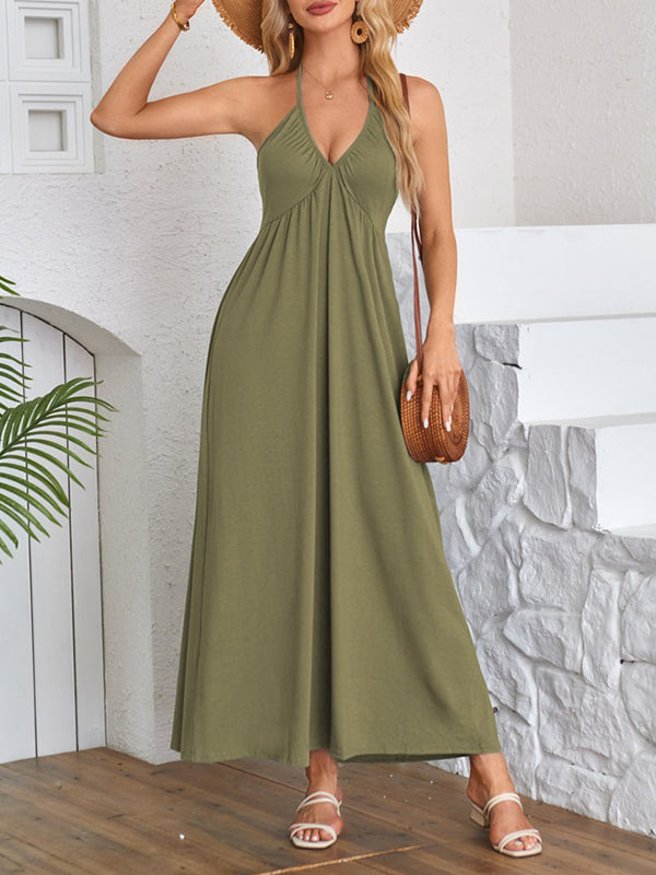 A-line Loose Pleated Color Split-joint Deep V-neck Maxi Dresses