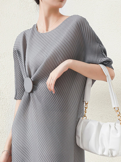 Stylish Irregularity Loose Pleated Color Round-neck Midi Dresses