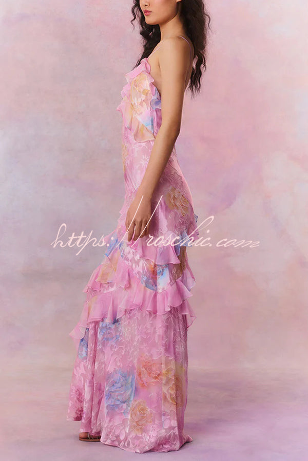 Multicolor Tie-dye Backless Wave-hem Strap Maxi Dress