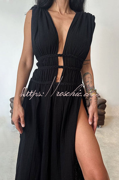 With Elegance Linen Blend Braids Belt Cutout Slit Kaftan Maxi Dress