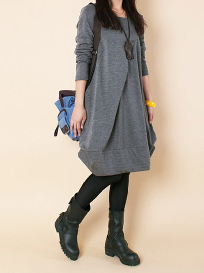 A-line Long Sleeves Pleated Color Round-neck Dresses Maxi Dresses