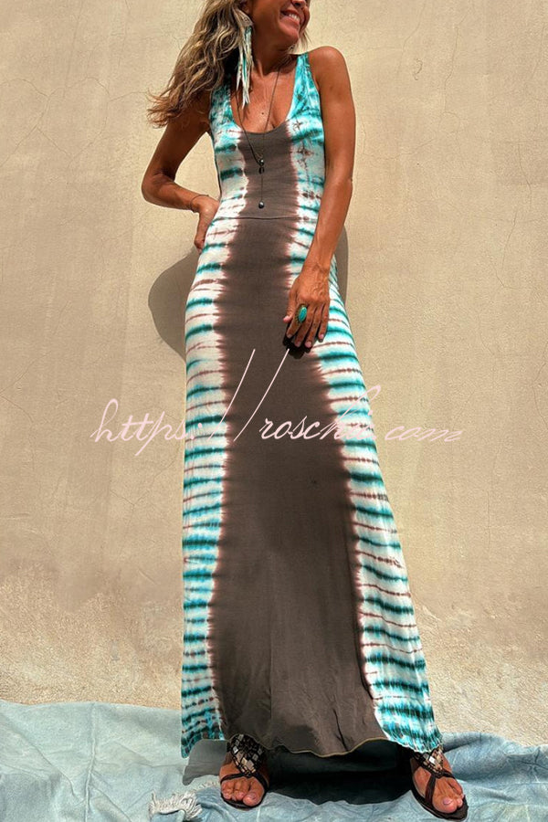 Nil Tie-dye Print Back Lace-up Stretch Maxi Dress