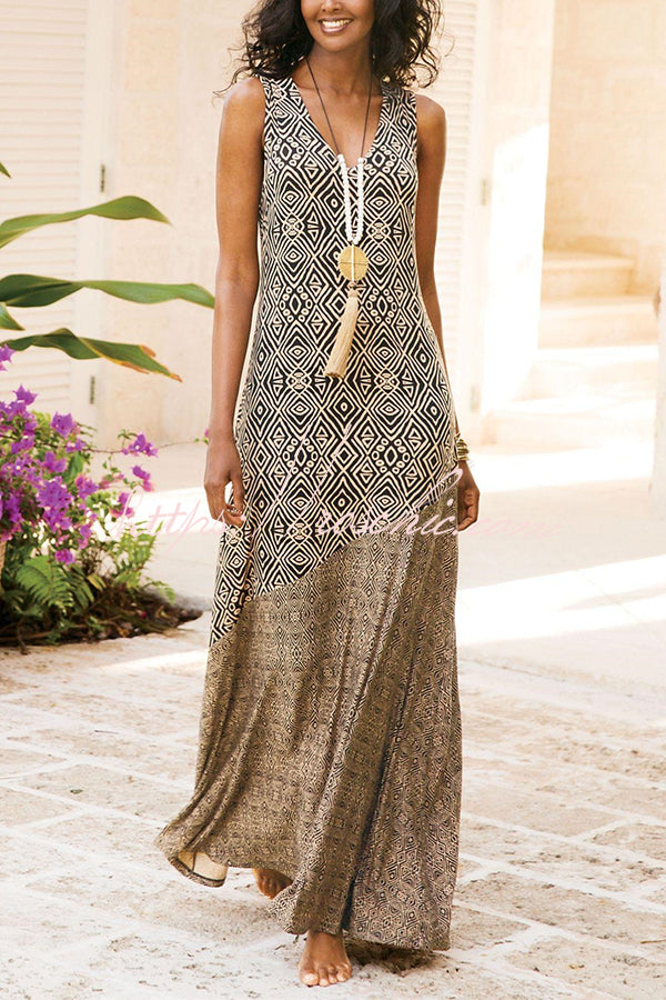 And Unique Printed V Neck Maxi Dress