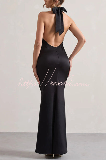 Color Halter Neck Tie Backless Slim Maxi Dress