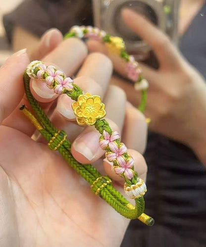 Green Handmade Weaving Peach Blossom Lotus Charm Bracelet