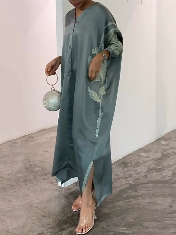 Long Sleeves Buttoned Contrast Color Flower&leaves Print Muslim V-neck Maxi Dress